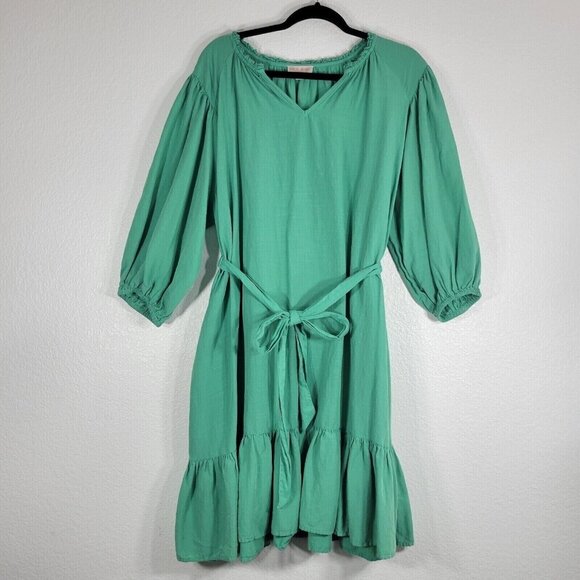 Knox Rose Women Medium Pullover Dress Tie Waist Ruffle Bottom Green Spring - Picture 1 of 10